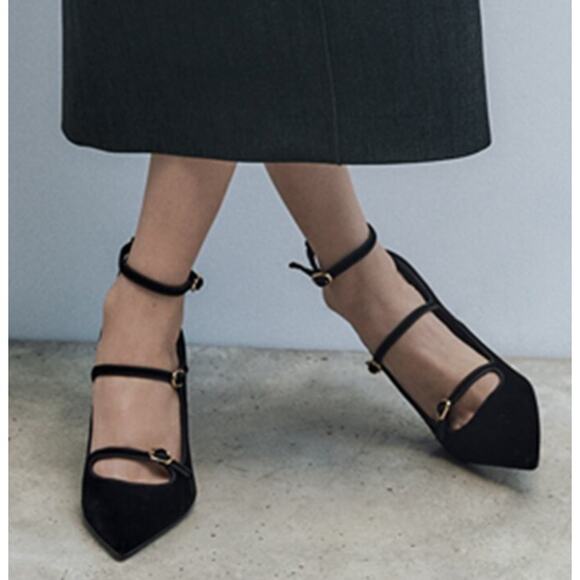 ZARA Blogger Fave!!! Pointed Toe Buckled Velvet High Heels NWT 🖤 - Picture 13 of 16